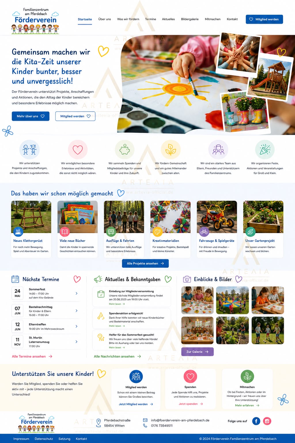 Fertige von Artevia gestaltete Homepage des Fördervereins Familienzentrum am Pferdebach